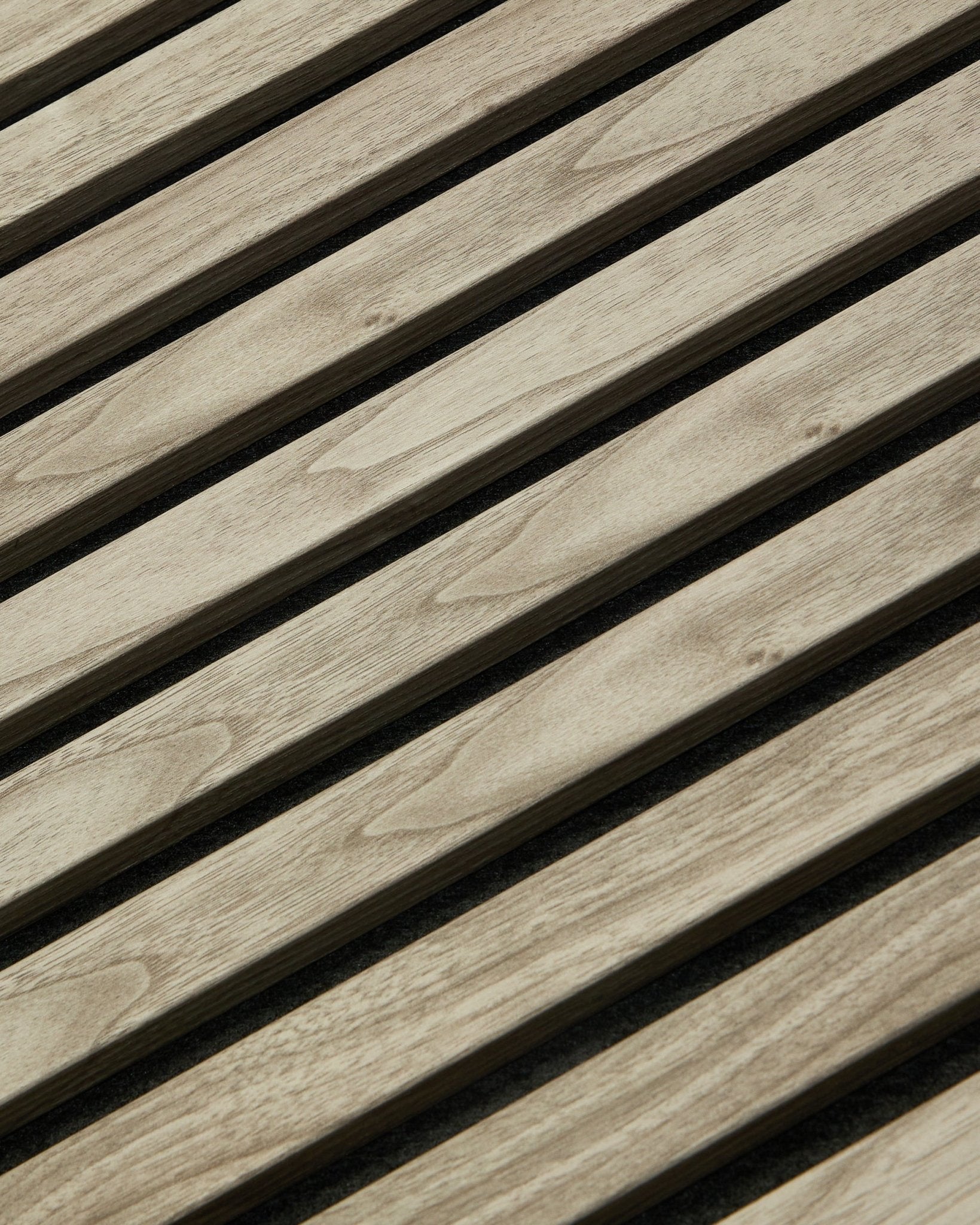 WoodUpp Akupanel Essential in Weathered Oak (240x60 cm) with visible wood grain and evenly spaced vertical slats on a dark acoustic felt backing.